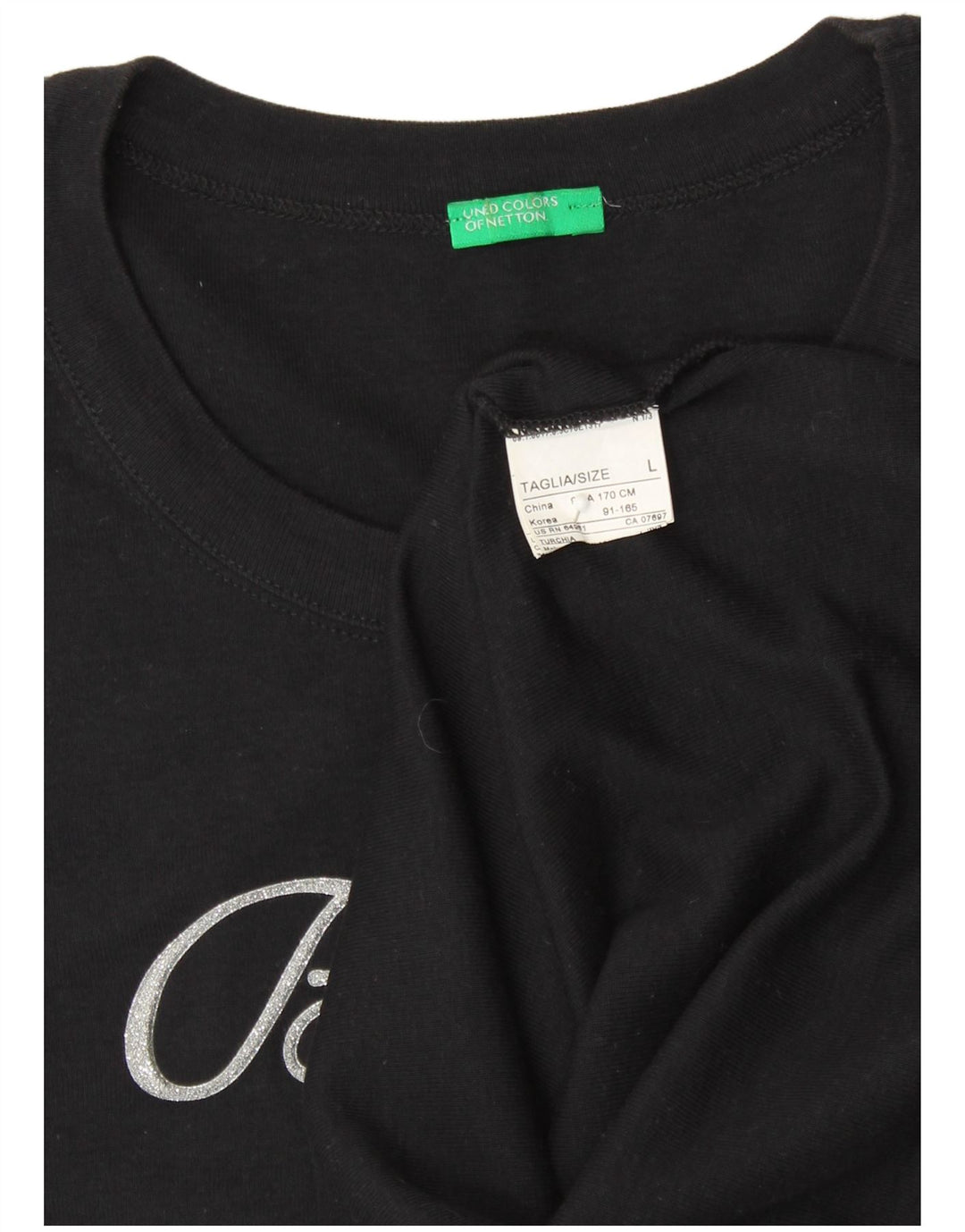 BENETTON Womens Graphic T-Shirt Top UK 16 Large Black