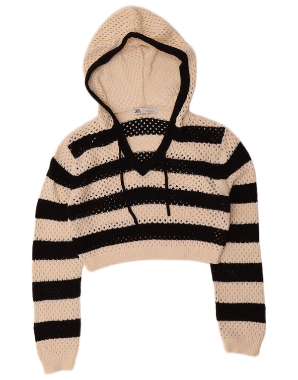 Zara Womens Hooded Crop V-Neck Jumper Sweater UK 10 Small Beige Striped
