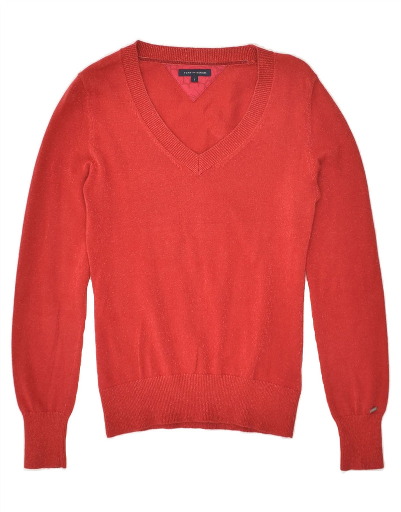 TOMMY HILFIGER Womens V-Neck Jumper Sweater UK 8  Small Red Cotton | Vintage Tommy Hilfiger | Thrift | Second-Hand Tommy Hilfiger | Used Clothing | Messina Hembry 