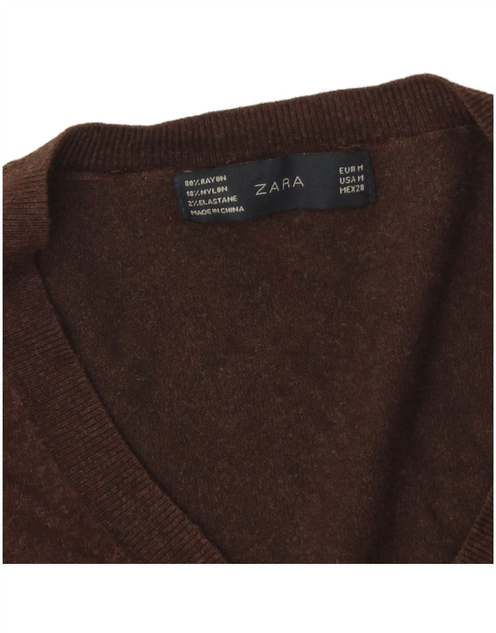 Zara Womens V-Neck Jumper Sweater UK 12 Medium Brown Rayon
