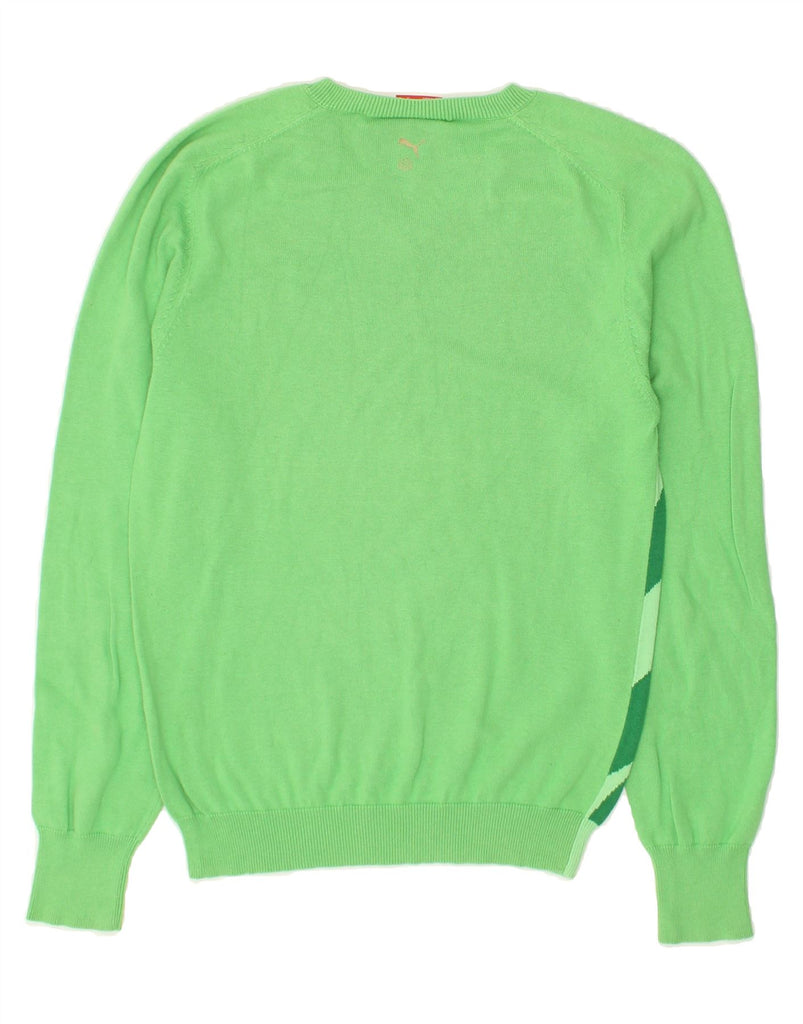 PUMA Womens Graphic V-Neck Jumper Sweater UK 14 Medium Green Striped | Vintage Puma | Thrift | Second-Hand Puma | Used Clothing | Messina Hembry 