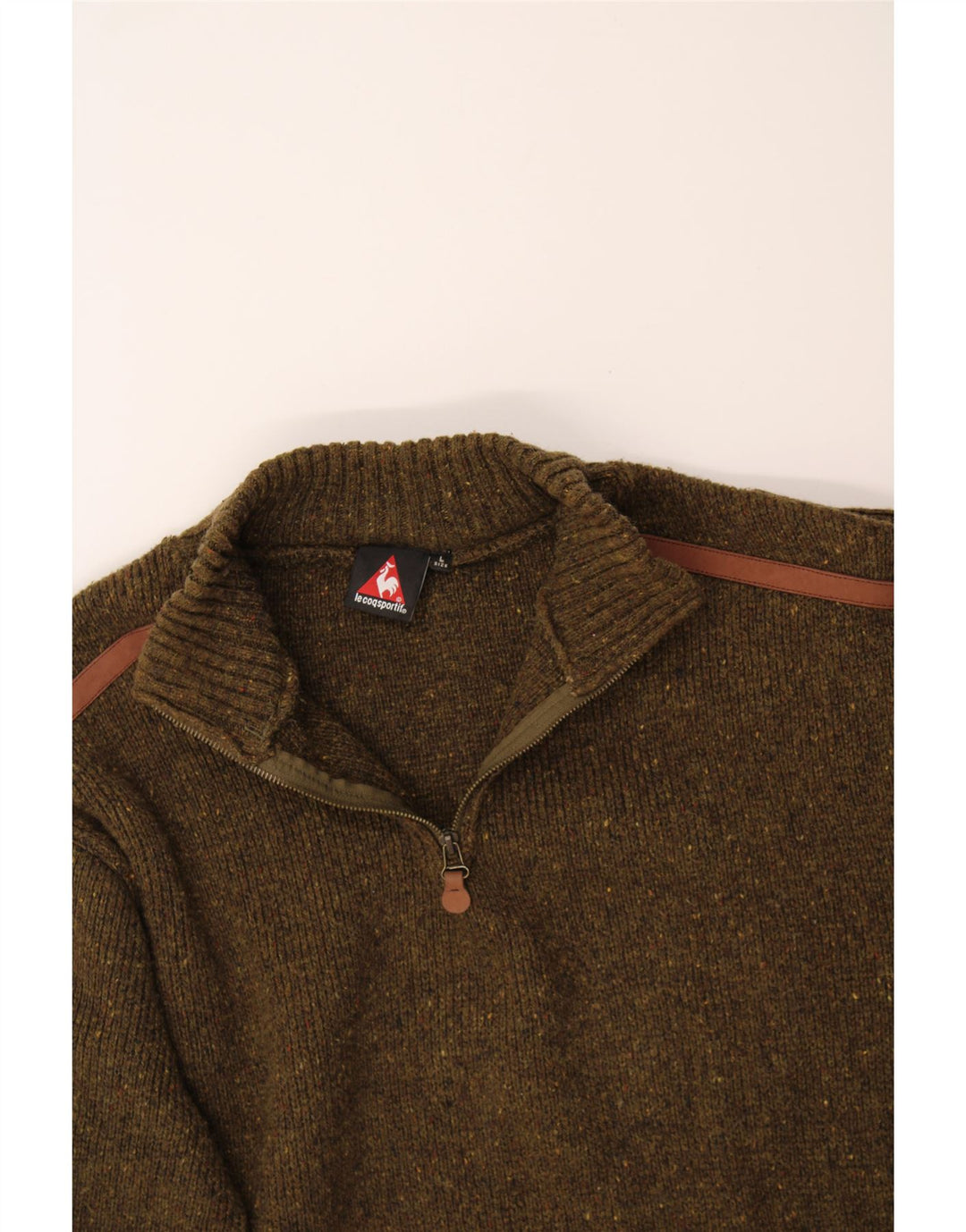 LE COQ SPORTIF Mens Zip Neck Jumper Sweater Large Khaki Flecked Vintage Le Coq Sportif and Second-Hand Le Coq Sportif from Messina Hembry 
