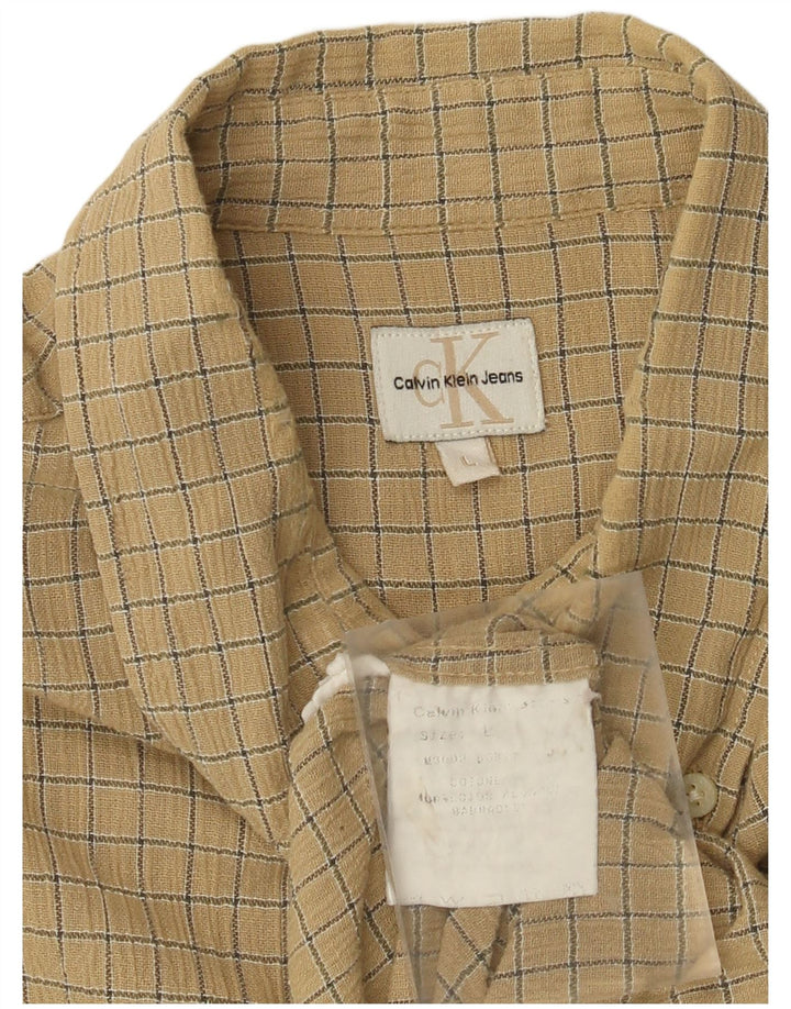 Calvin Klein Mens Shirt Large Beige Check Cotton