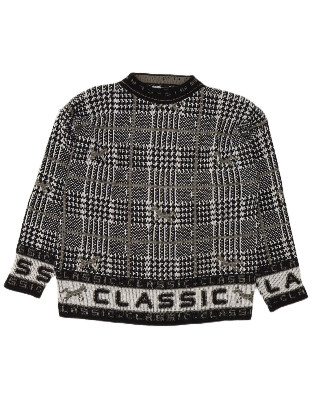 Vintage Mens Graphic Crew Neck Jumper Sweater Large Black Check