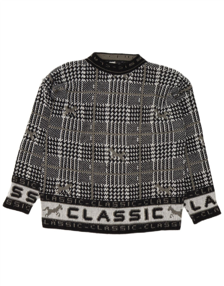 Vintage Mens Graphic Crew Neck Jumper Sweater Large Black Check