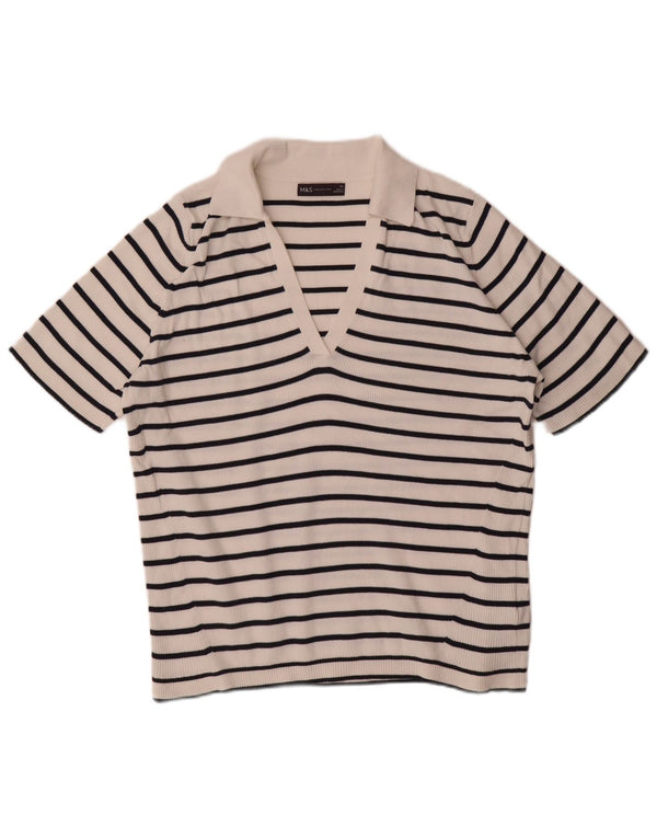 Marks & Spencer Womens Polo Shirt UK 18 XL White Striped Cotton