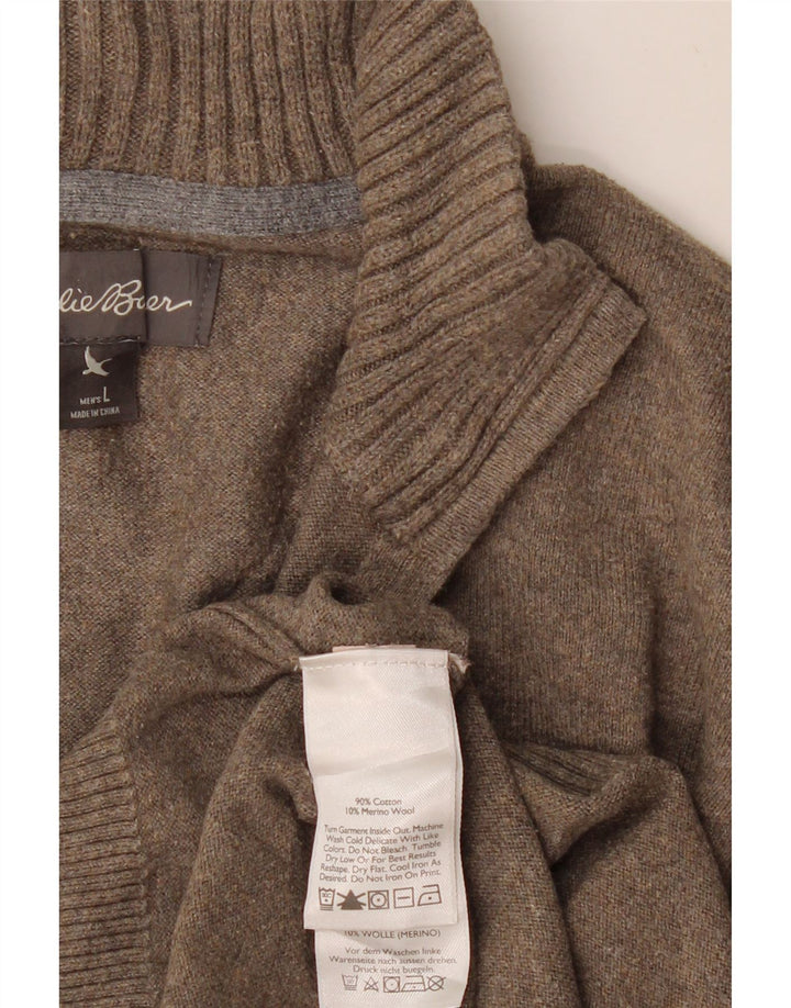 EDDIE BAUER Mens Zip Neck Jumper Sweater Large Brown Cotton