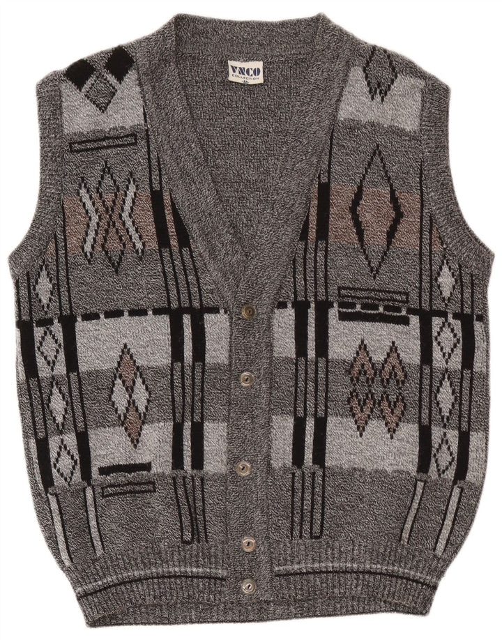 Vintage Mens Sleeveless Cardigan Sweater Medium Grey Geometric Acrylic