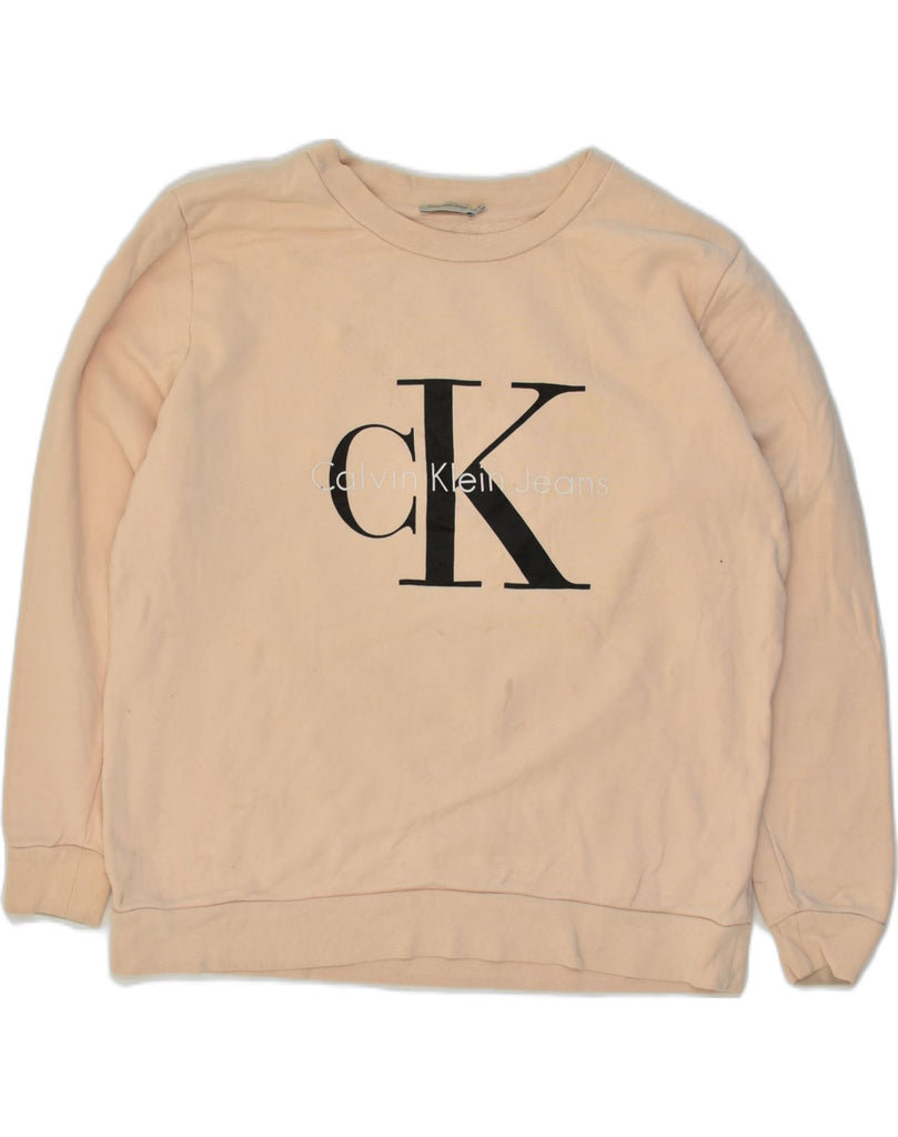 CALVIN KLEIN Womens Oversized Graphic Sweatshirt Jumper UK 10 Small Beige | Vintage Calvin Klein | Thrift | Second-Hand Calvin Klein | Used Clothing | Messina Hembry 