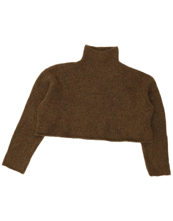 Zara Womens Crop Turtle Neck Jumper Sweater UK 14 Medium Green Flecked