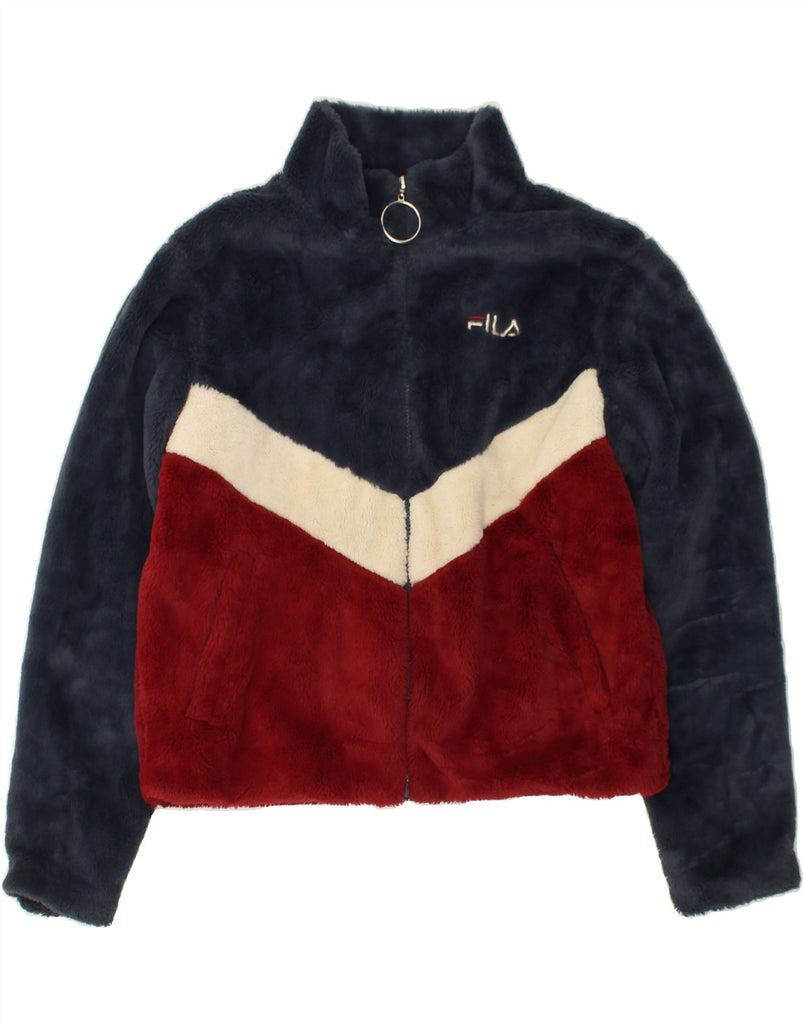 FILA Womens Crop Graphic Fleece Jacket UK 10 Small Navy Blue Colourblock | Vintage Fila | Thrift | Second-Hand Fila | Used Clothing | Messina Hembry 