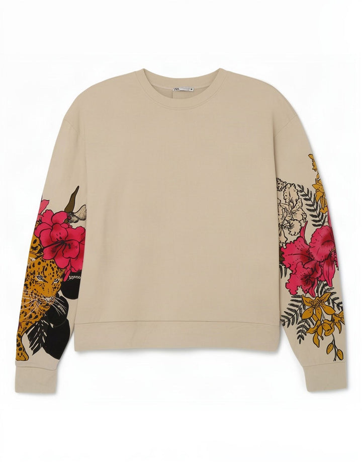 Zara Womens Sweatshirt Jumper UK 14 Medium Beige Floral Cotton