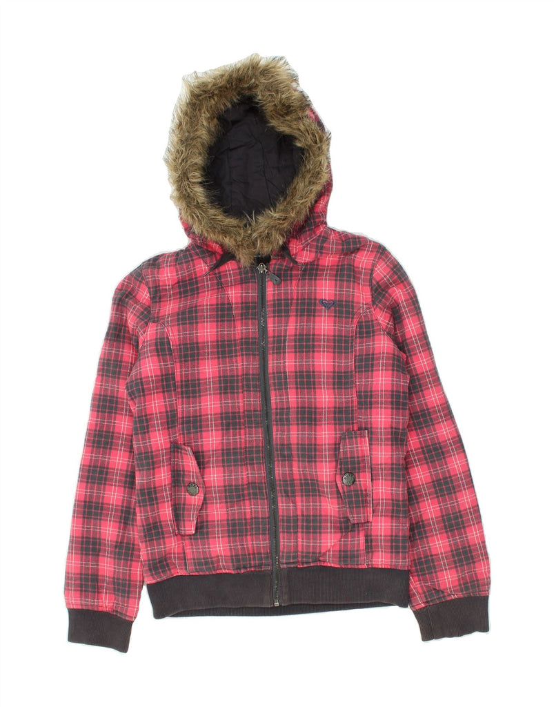 ROXY Girls Hooded Bomber Jacket 13-14 Years Pink Check Cotton | Vintage Roxy | Thrift | Second-Hand Roxy | Used Clothing | Messina Hembry 