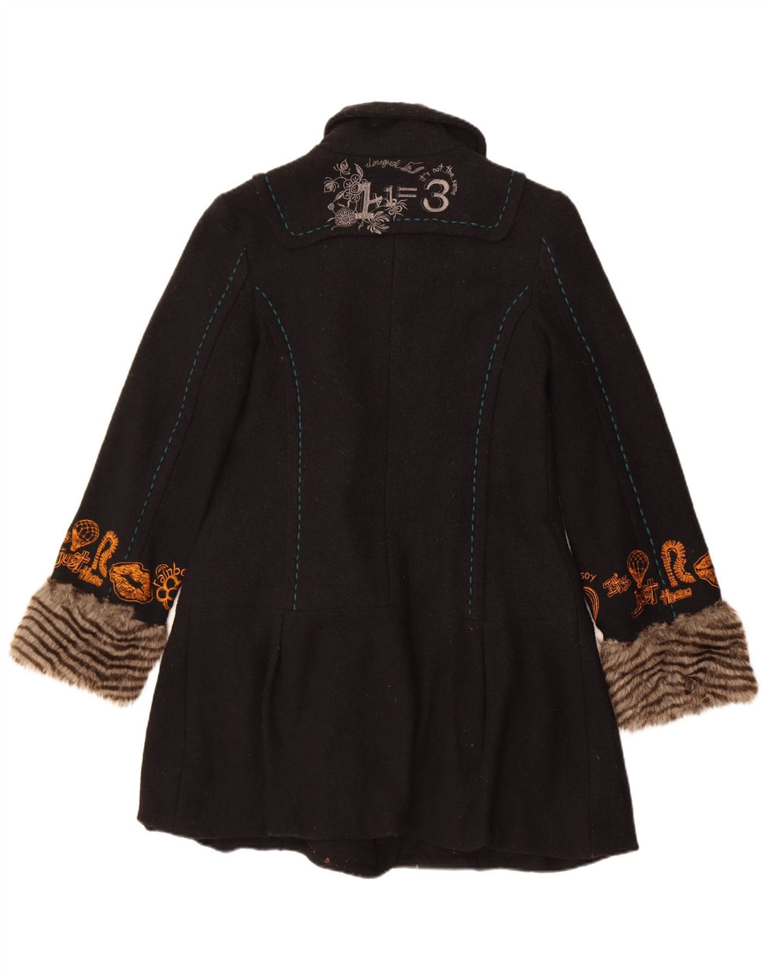 Desigual Womens Graphic Double Breasted Coat EU 40 Medium Black Floral