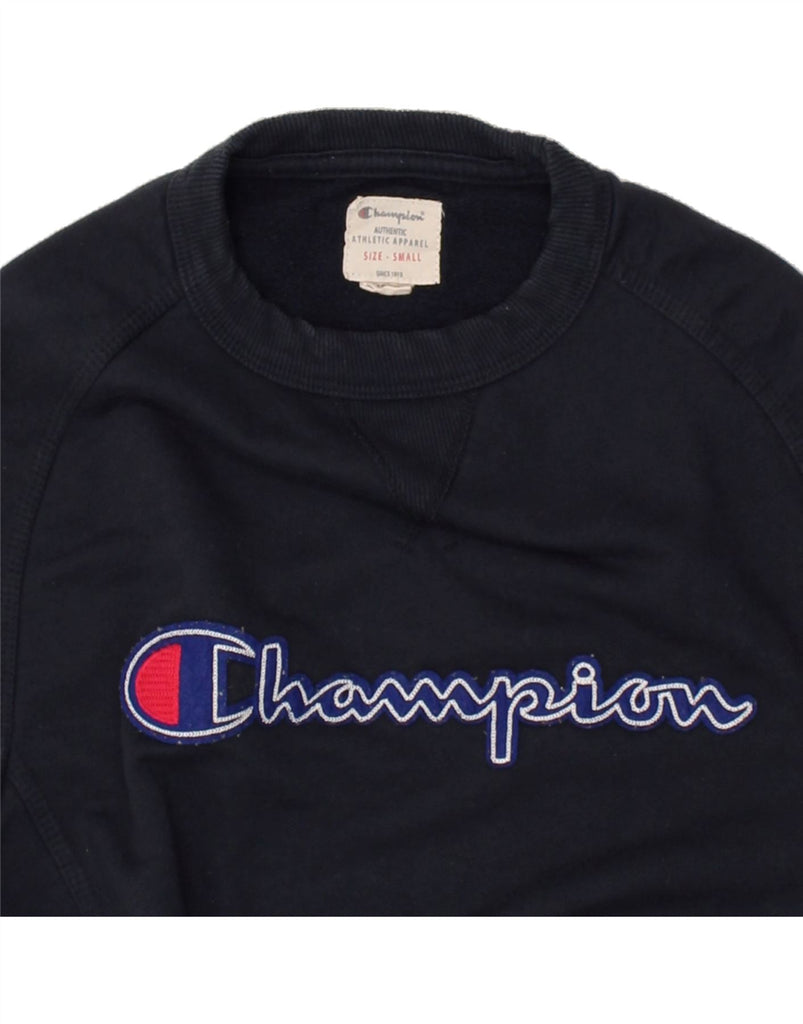 CHAMPION Mens Graphic Sweatshirt Jumper Small Navy Blue Cotton | Vintage Champion | Thrift | Second-Hand Champion | Used Clothing | Messina Hembry 