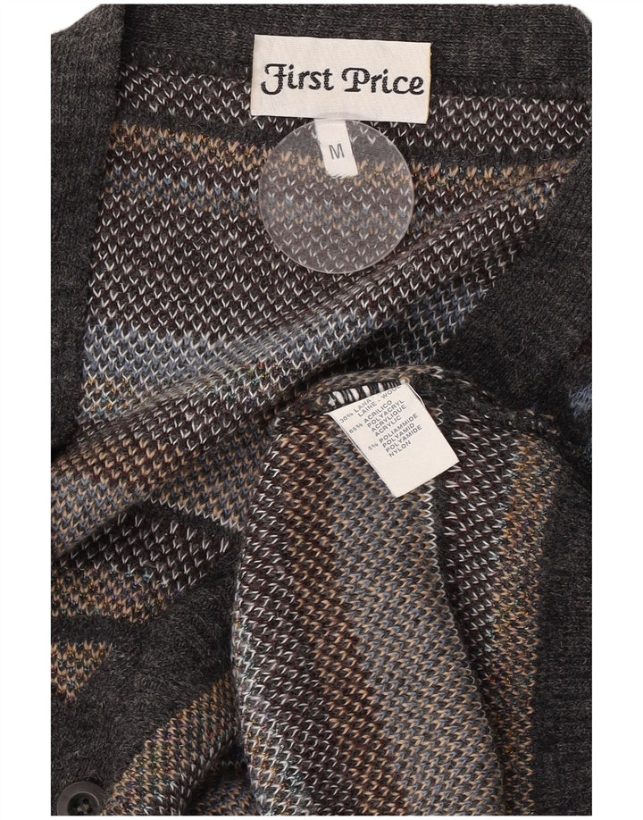 Vintage Mens Cardigan Sweater Medium Grey Geometric Wool