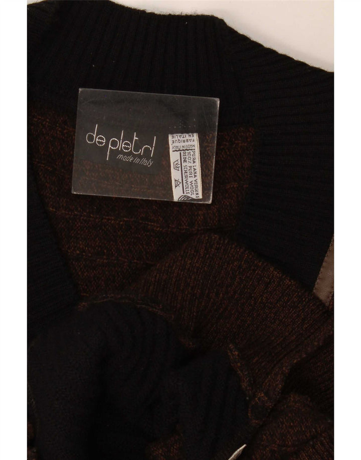 De Pietri Mens V-Neck Jumper Sweater Large Brown Colourblock Wool