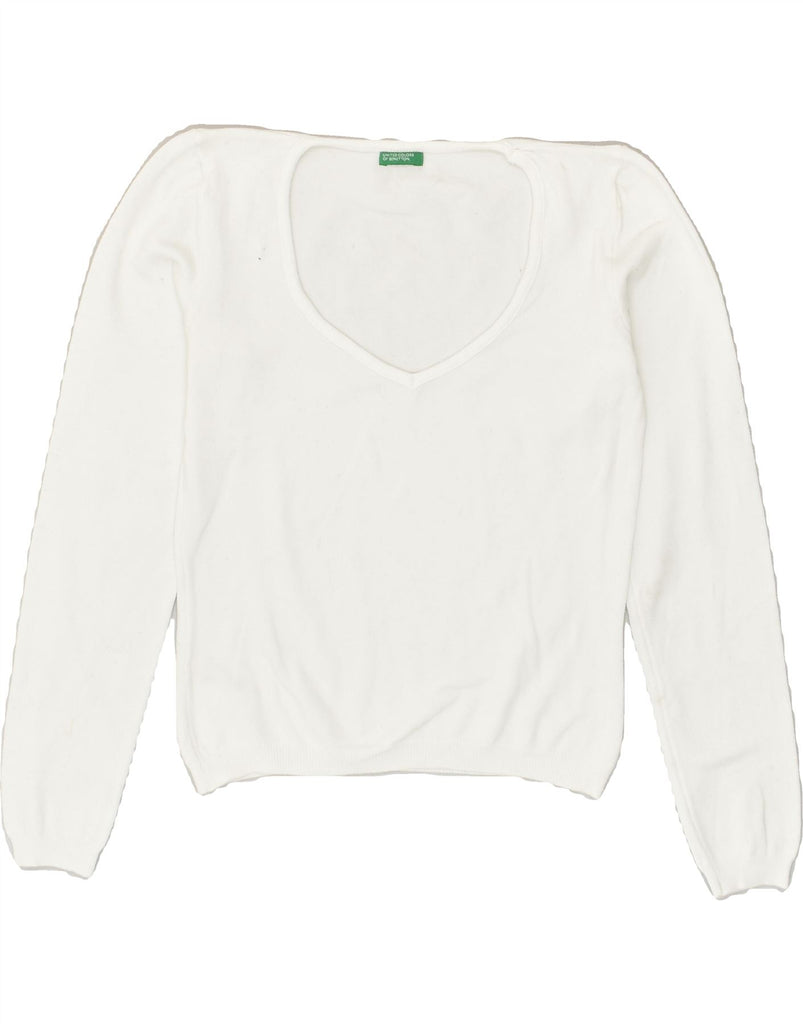 BENETTON Womens V-Neck Jumper Sweater UK 10 Small White Cotton | Vintage Benetton | Thrift | Second-Hand Benetton | Used Clothing | Messina Hembry 