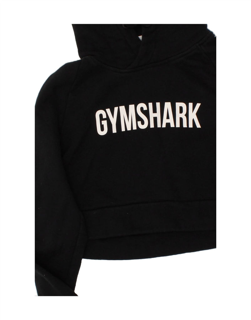 GYMSHARK Womens Crop Graphic Hoodie Jumper UK 8 Small Black Cotton | Vintage Gymshark | Thrift | Second-Hand Gymshark | Used Clothing | Messina Hembry 