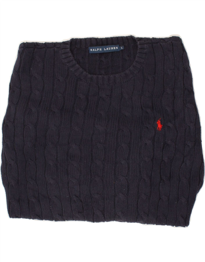 RALPH LAUREN Womens Crew Neck Jumper Sweater UK 16 Large Navy Blue Cotton | Vintage Ralph Lauren | Thrift | Second-Hand Ralph Lauren | Used Clothing | Messina Hembry 