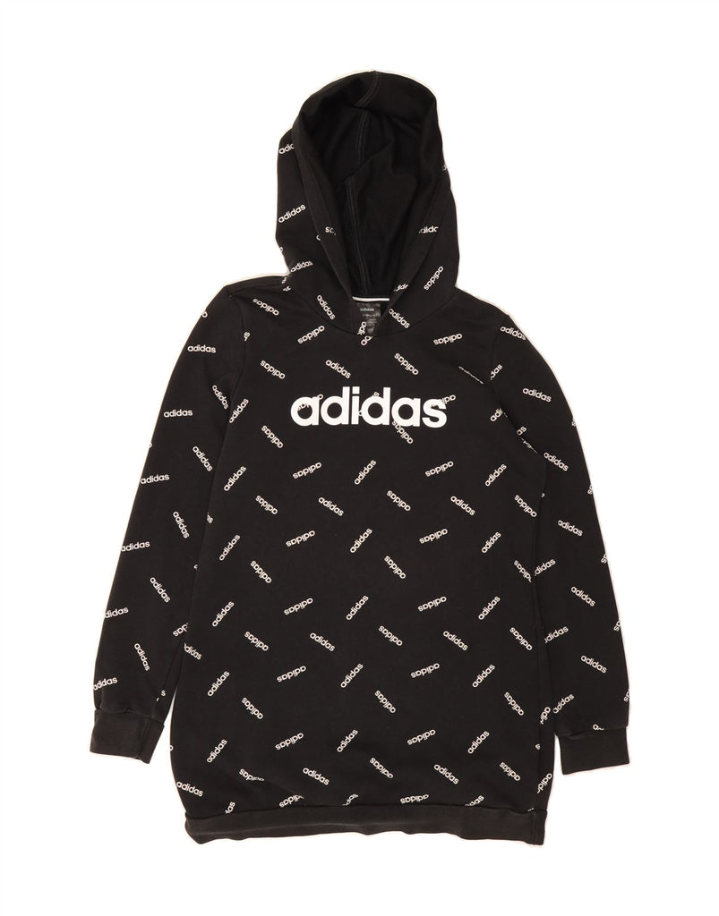 ADIDAS Womens Longline Graphic Hoodie Jumper UK 12/14 Medium Black Cotton Vintage Adidas and Second-Hand Adidas from Messina Hembry 