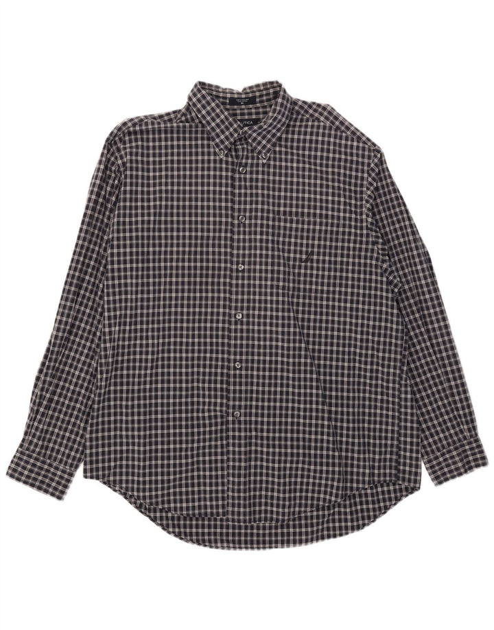 Nautica Mens Shirt XL Navy Blue Check Cotton