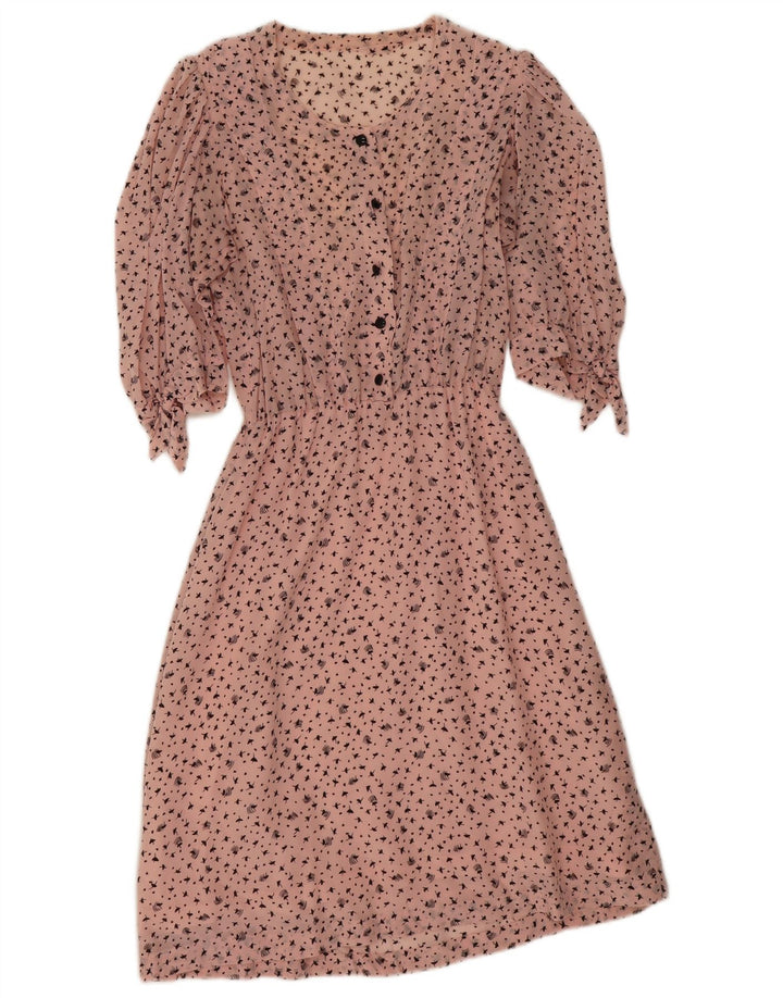 Vintage Womens Abstract Pattern 3/4 Sleeve A-Line Dress UK 8 Small Pink