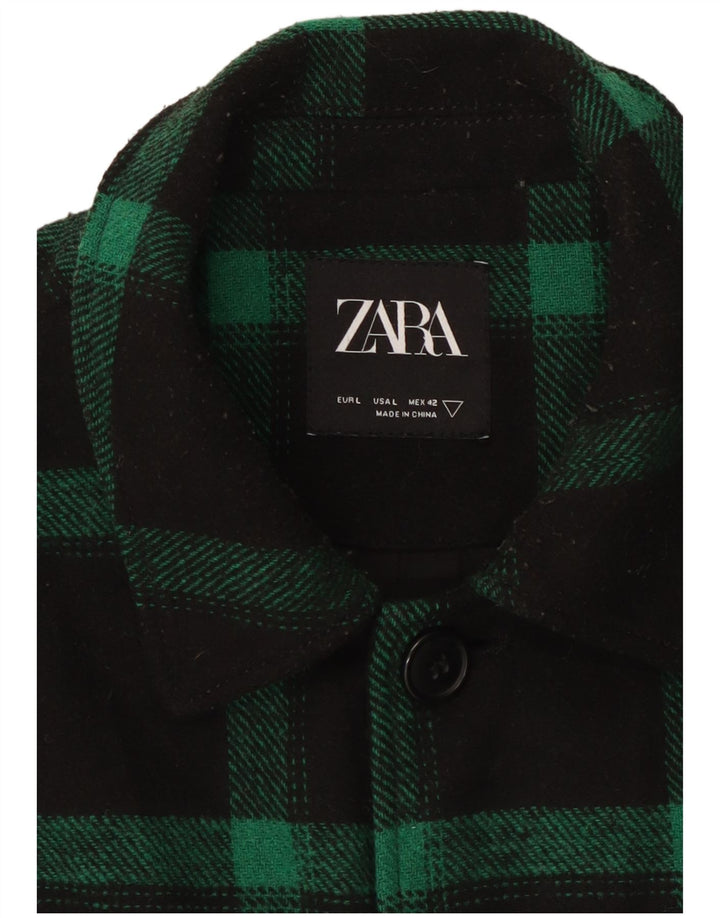 Zara Mens Patch Utility Jacket UK 40 Large Green Check Polyester