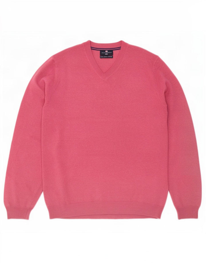 Marks & Spencer Mens Blue Harbour V-Neck Jumper Sweater Large Pink Linen