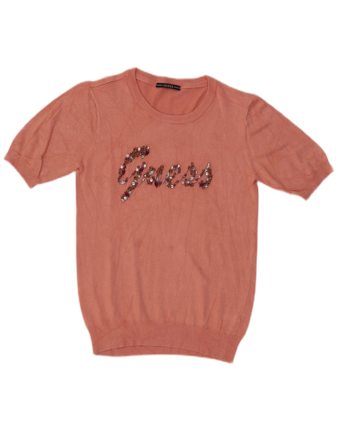 Guess Womens Graphic Crew Neck Jumper Sweater UK 14 Medium Pink