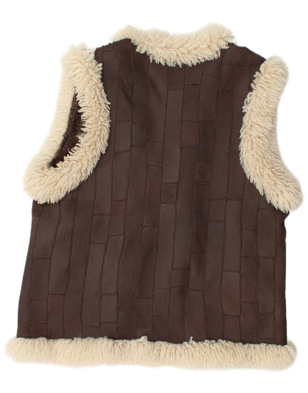 Vintage Womens Sherpa Leather Gilet EU 46 XL Brown