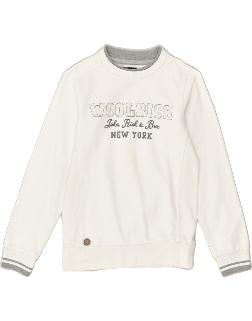 WOOLRICH Boys Graphic Sweatshirt Jumper 9-10 Years White Cotton | Vintage Woolrich | Thrift | Second-Hand Woolrich | Used Clothing | Messina Hembry 