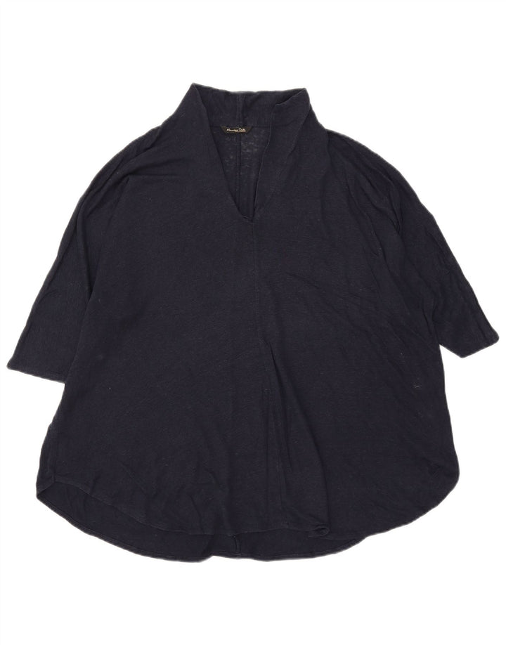 Massimo Dutti Womens Blouse Top UK 18 XL Navy Blue Linen