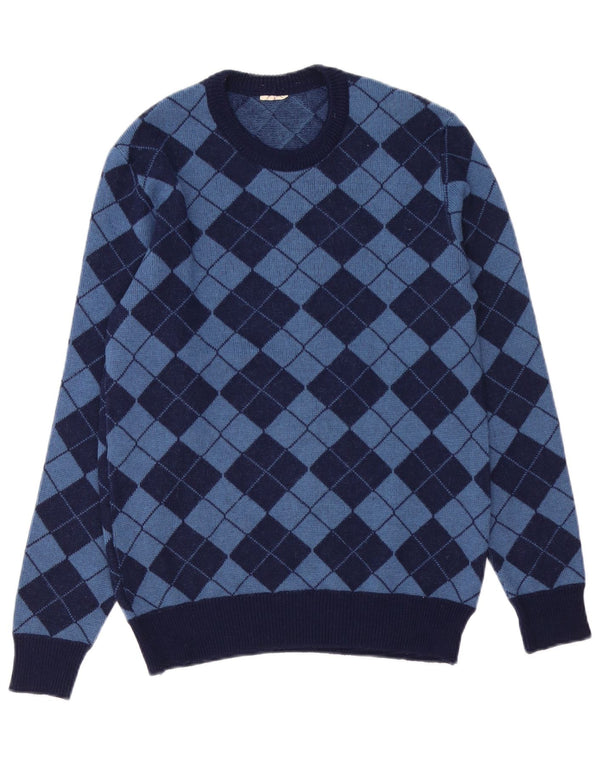 Vintage Mens Crew Neck Jumper Sweater Medium Navy Blue Argyle/Diamond