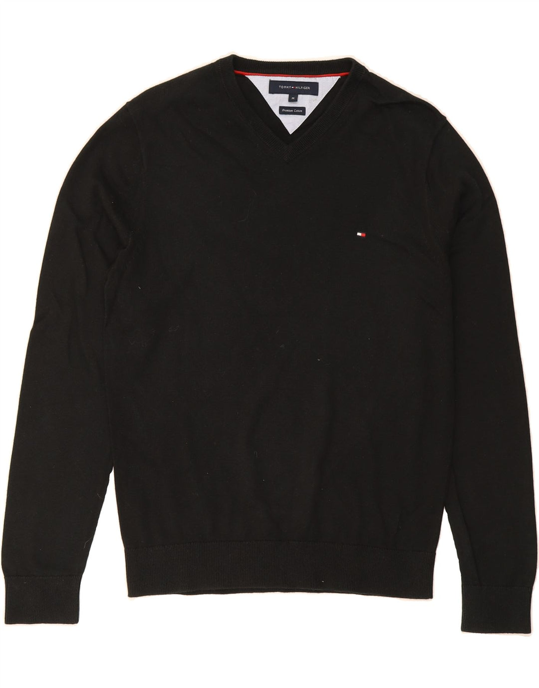 TOMMY HILFIGER Mens V-Neck Jumper Sweater Medium Black Cotton Vintage Tommy Hilfiger and Second-Hand Tommy Hilfiger from Messina Hembry 