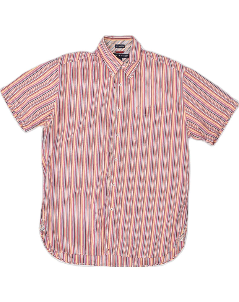 TOMMY HILFIGER Mens Short Sleeve Shirt Large Pink Striped Cotton | Vintage | Thrift | Second-Hand | Used Clothing | Messina Hembry 