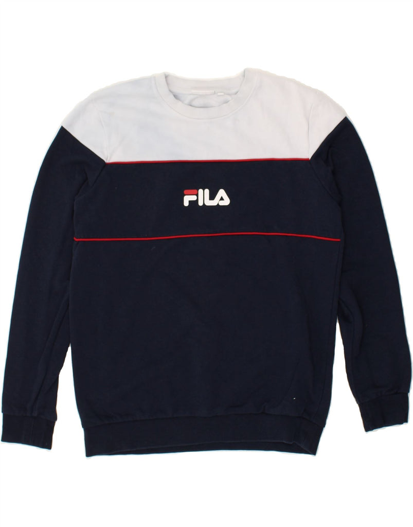 FILA Boys Graphic Sweatshirt Jumper 13-14 Years Navy Blue Colourblock | Vintage Fila | Thrift | Second-Hand Fila | Used Clothing | Messina Hembry 