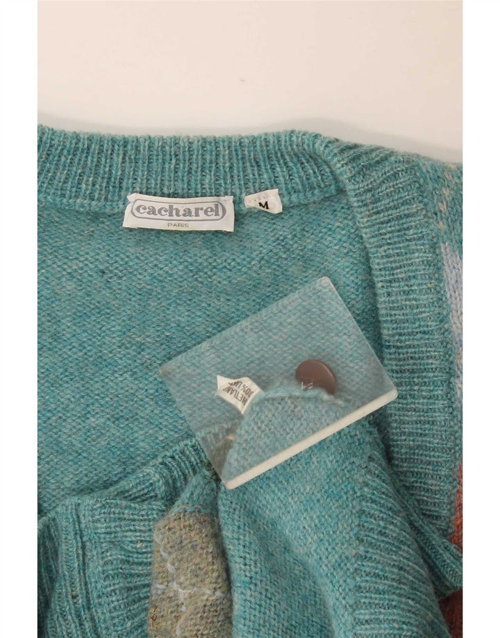 Cacharel Mens Cardigan Sweater Medium Turquoise Argyle/Diamond Wool