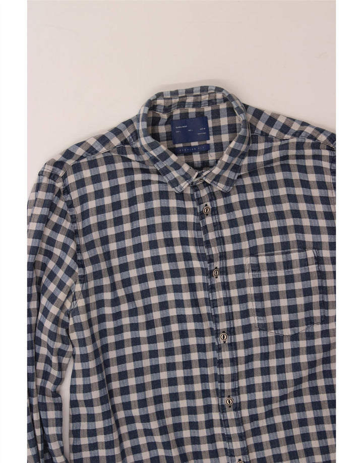 ZARA Mens Regular Fit Flannel Shirt Large Navy Blue Check Vintage Zara and Second-Hand Zara from Messina Hembry 