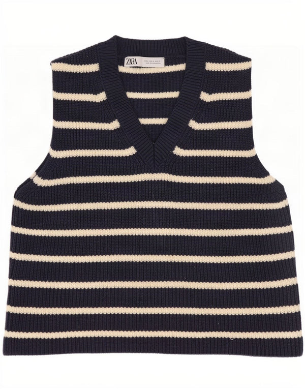 Zara Womens Crop Vest Tank Top UK 10 Small Navy Blue Striped Cotton