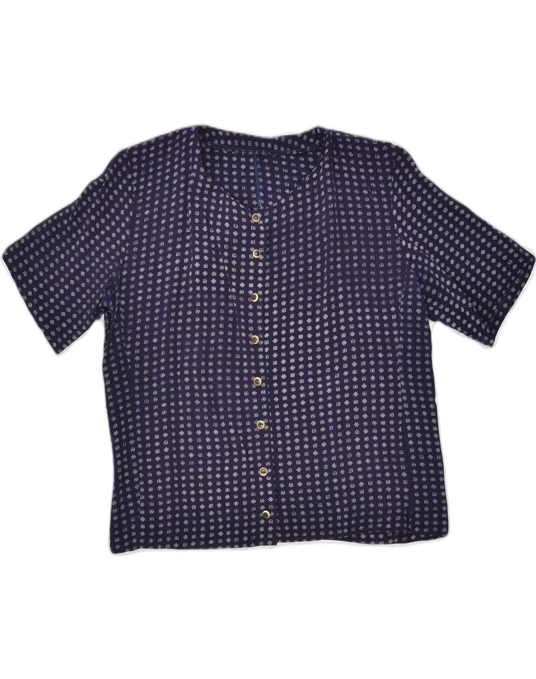 VINTAGE Womens Short Sleeve Shirt Blouse UK 14 Medium Navy Blue Geometric | Vintage Vintage | Thrift | Second-Hand Vintage | Used Clothing | Messina Hembry 