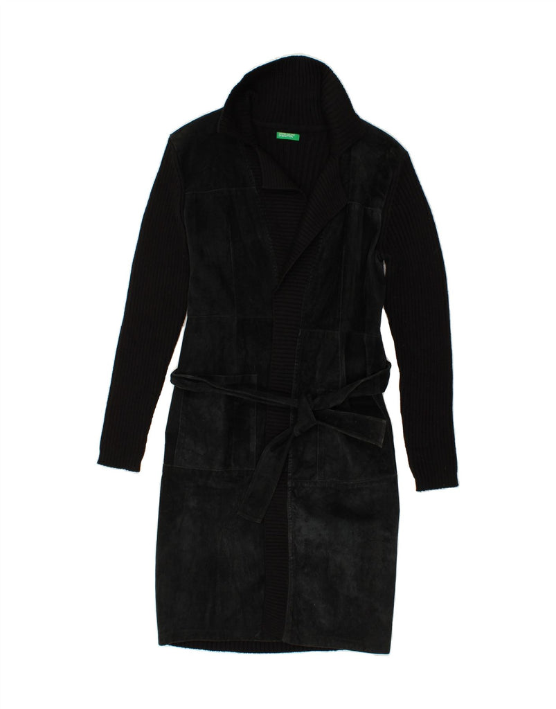 BENETTON Womens Belted Leather Coat UK 10 Small Black Patchwork Leather Vintage Benetton and Second-Hand Benetton from Messina Hembry 