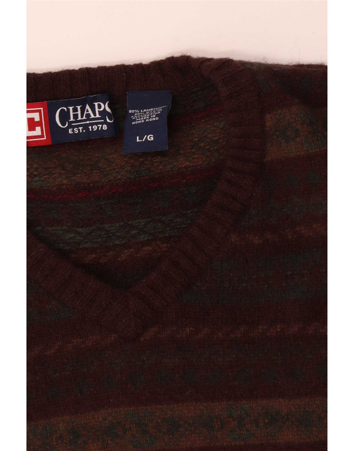 Chaps Mens V-Neck Jumper Sweater Large Multicoloured Fair Isle Lambswool