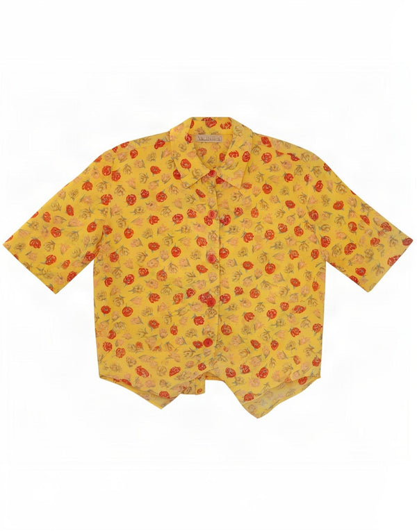 Vintage Womens Crop Short Sleeve Shirt Blouse UK 14 Medium Yellow Floral
