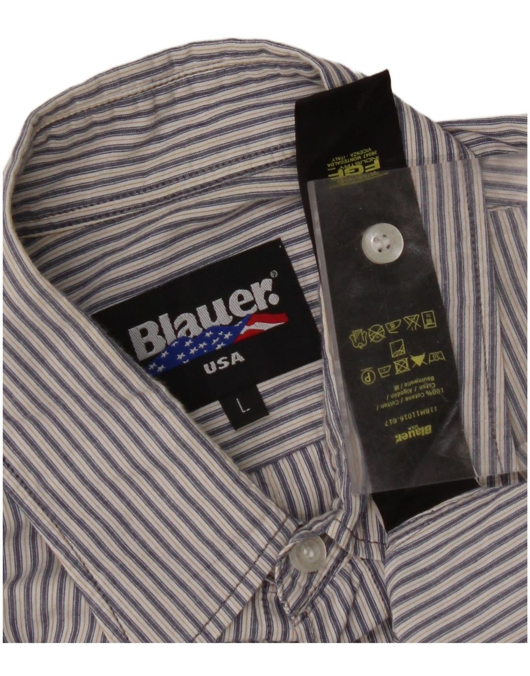 BLAUER Mens Military Short Sleeve Shirt Large Blue Pinstripe Cotton
