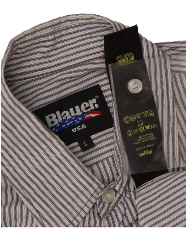 BLAUER Mens Military Short Sleeve Shirt Large Blue Pinstripe Cotton