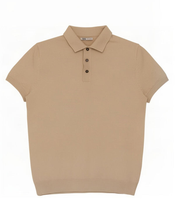 Zara Mens Short Sleeve Polo Neck Jumper Sweater Medium Beige Viscose