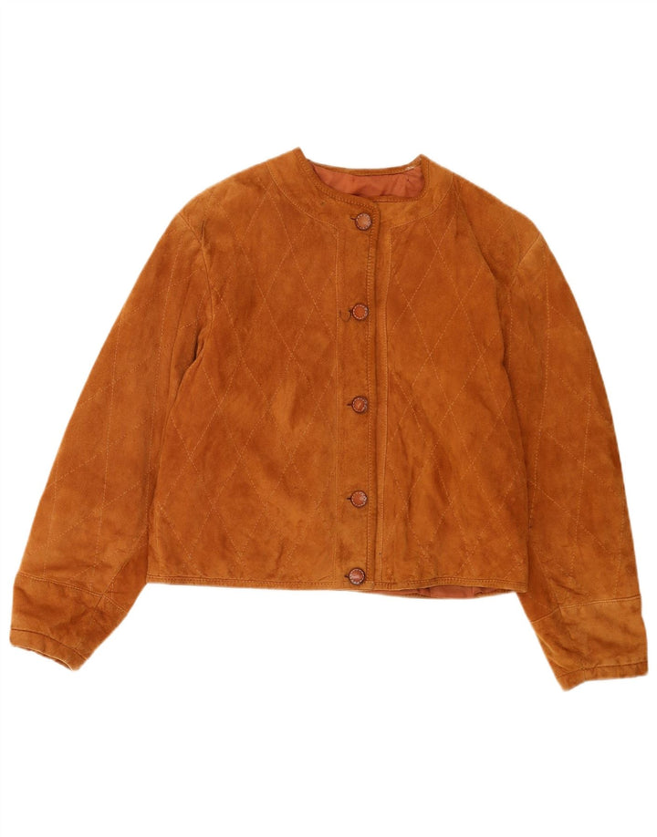 Vintage Womens Crop Suede Jacket UK 16 Large Brown Geometric