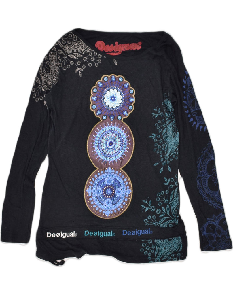 DESIGUAL Womens Graphic Top Long Sleeve UK 14 Medium Black Floral Viscose | Vintage Desigual | Thrift | Second-Hand Desigual | Used Clothing | Messina Hembry 