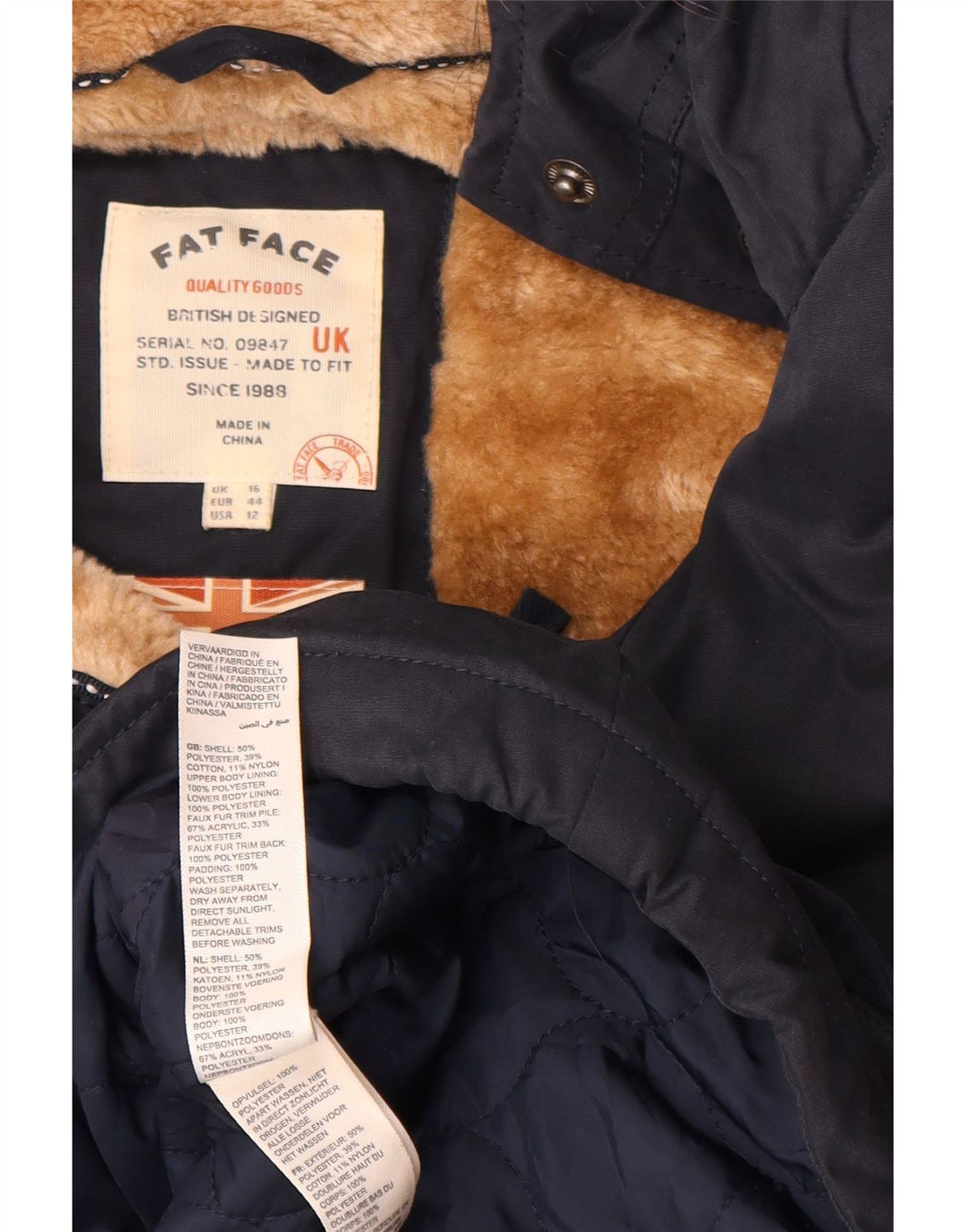 Fat Face Womens Hooded Sherpa Parka Jacket UK 16 Large Navy Blue Polyester